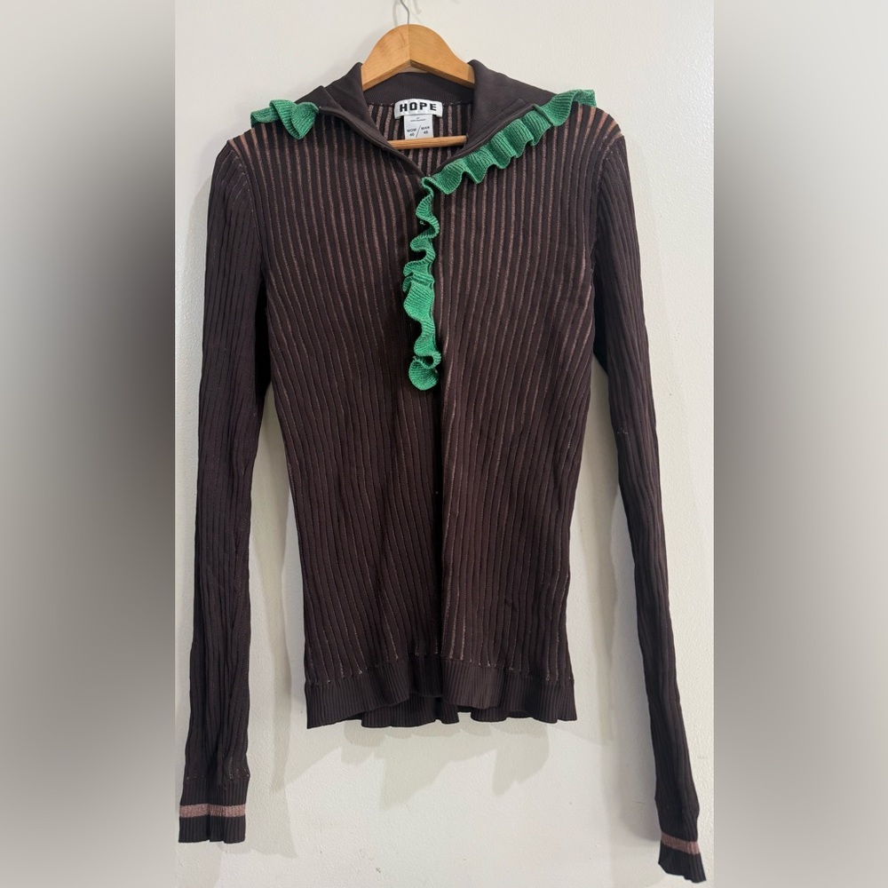 Hope Ribbed Brown Hoodie with Green Ruffle Trim